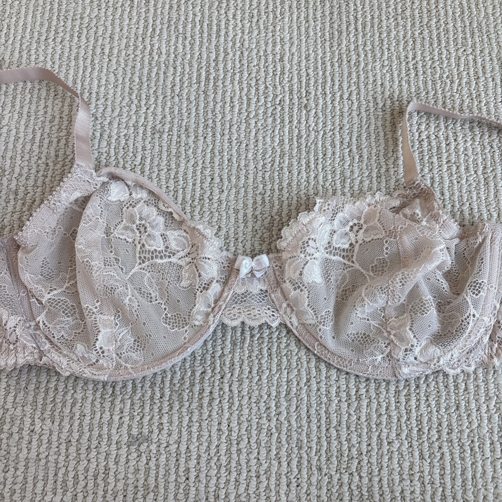 Beige Mesh Embroidered Underwire Bra 38C Floral Lace Unlined Sheer Fairy